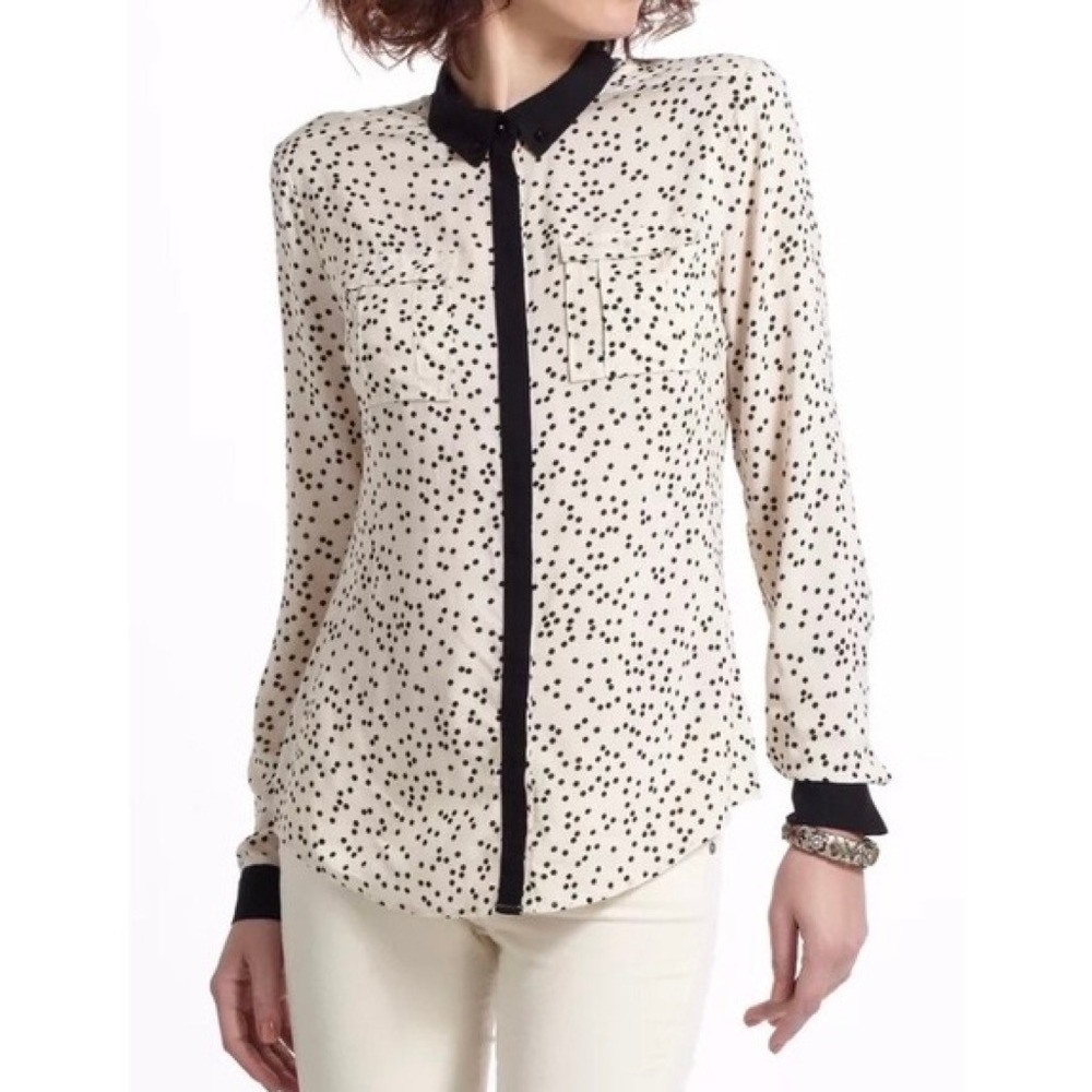 Anthropologie‎ MAEVE Bagatelle Buttondown Shirt Ivory Black Polka Dot Pockets 10
